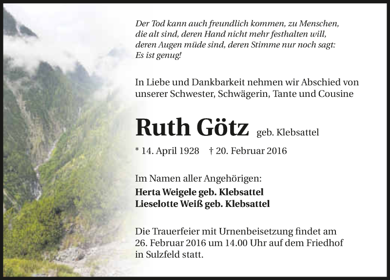  Traueranzeige für Ruth Götz vom 24.02.2016 aus 