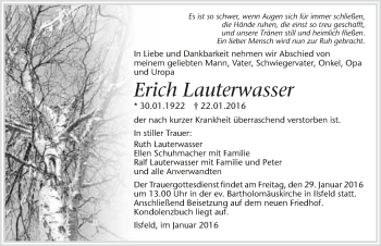 Traueranzeige von Erich Lauterwasser 