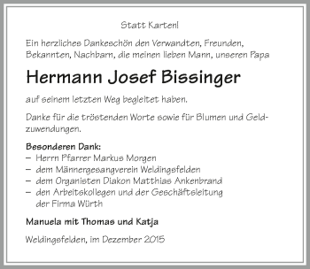 Traueranzeige von Hermann Josef Bissinger 