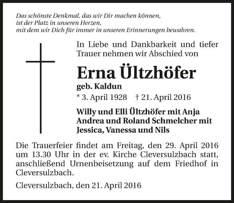  Traueranzeige für Erna Ültzhöfer vom 27.04.2016 aus 