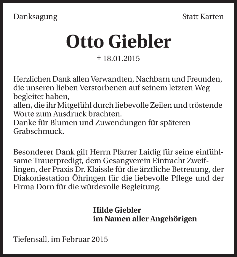  Traueranzeige für Otto Giebler vom 14.02.2015 aus 