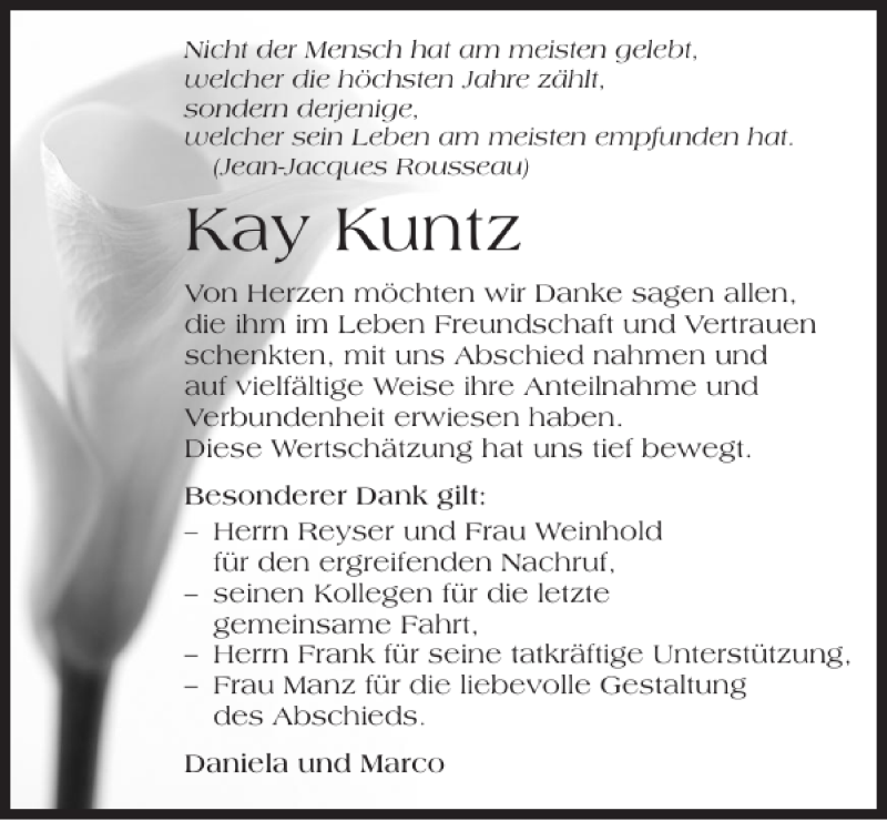  Traueranzeige für Kay Kuntz vom 13.09.2012 aus 