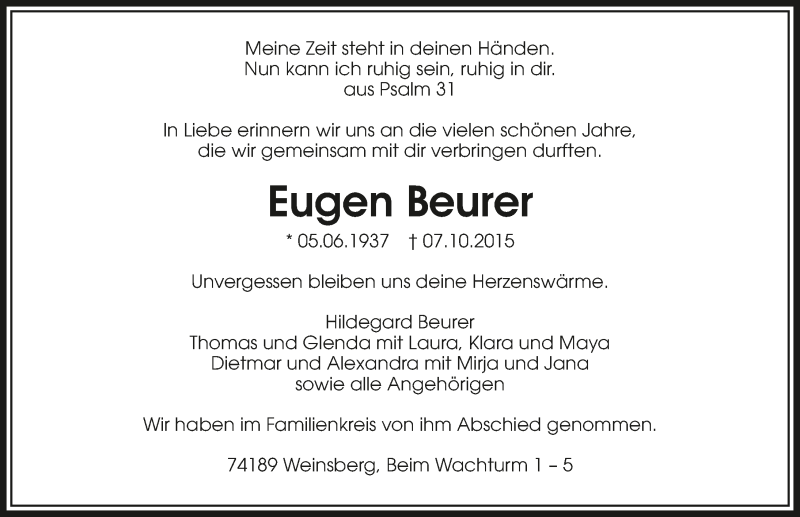  Traueranzeige für Eugen Beurer vom 14.10.2015 aus 