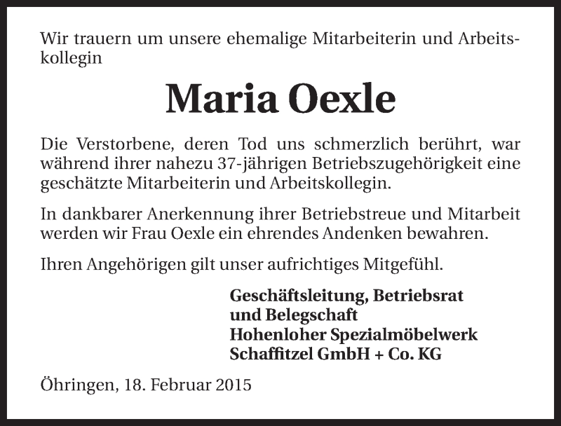  Traueranzeige für Maria Oexle vom 18.02.2015 aus 