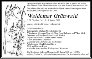 Traueranzeige von Waldemar Grünwald 