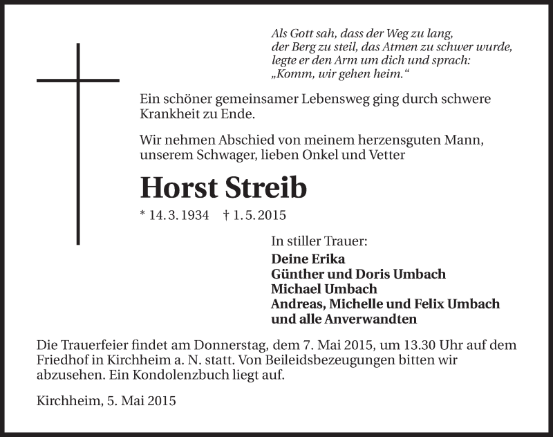  Traueranzeige für Horst Streib vom 05.05.2015 aus 