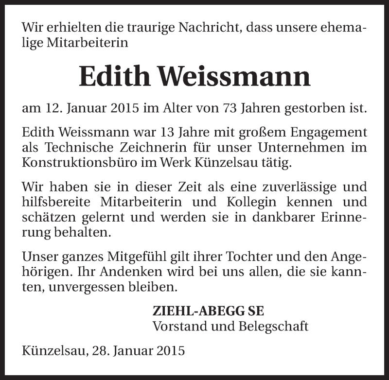  Traueranzeige für Edith Weissmann vom 28.01.2015 aus 