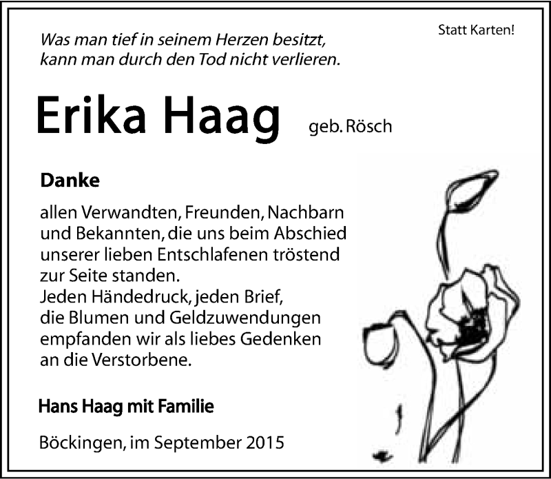  Traueranzeige für Erika Haag vom 12.09.2015 aus 