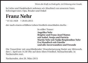 Traueranzeige von Franz Nehr 