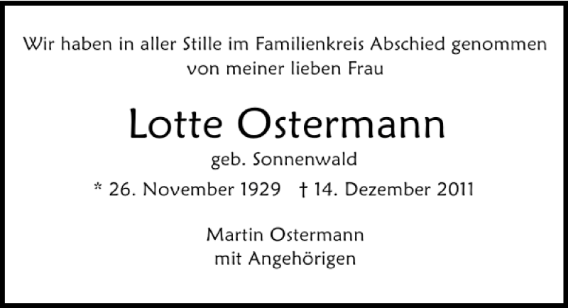  Traueranzeige für Lotte Ostermann vom 23.12.2011 aus 