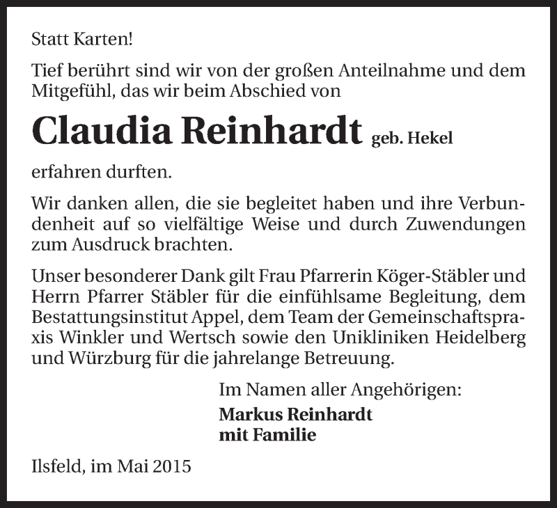  Traueranzeige für Claudia Reinhardt vom 23.05.2015 aus 