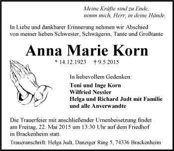Traueranzeige von Anna Marie Korn 