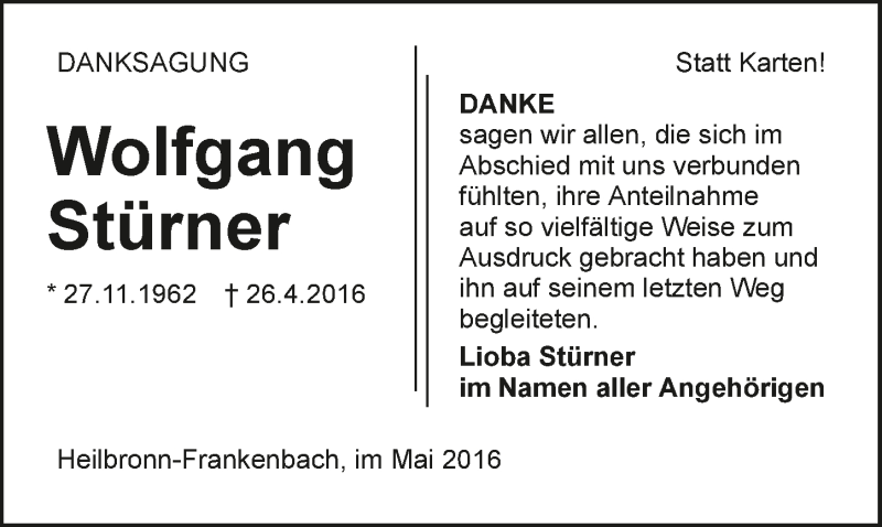  Traueranzeige für Wolfgang Stürner vom 11.05.2016 aus 