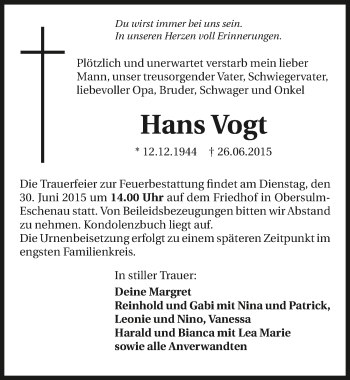 Traueranzeige von Hans Vogt 