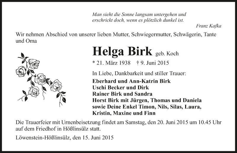  Traueranzeige für Helga Birk vom 15.06.2015 aus 