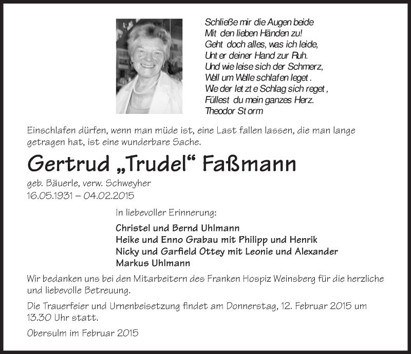  Traueranzeige für Gertrud Faßmann vom 09.02.2015 aus 