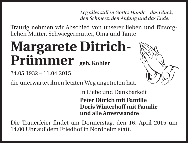  Traueranzeige für Margarete Ditrich-Prümmer vom 14.04.2015 aus 
