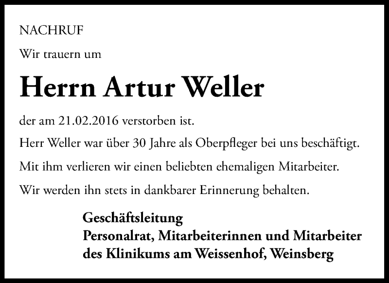  Traueranzeige für Artur Weller vom 25.02.2016 aus 