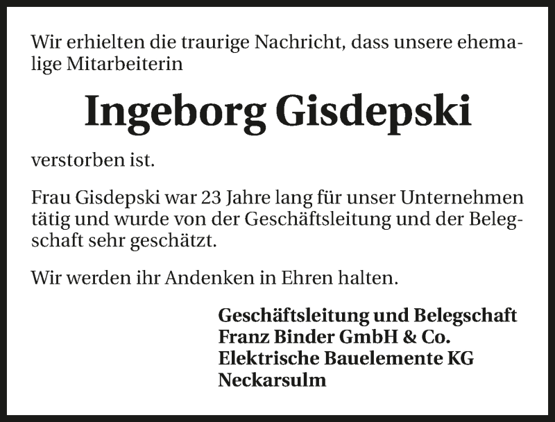  Traueranzeige für Ingeborg Gisdepski vom 16.03.2016 aus 