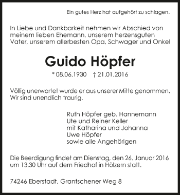 Traueranzeige von Guido Höpfer 