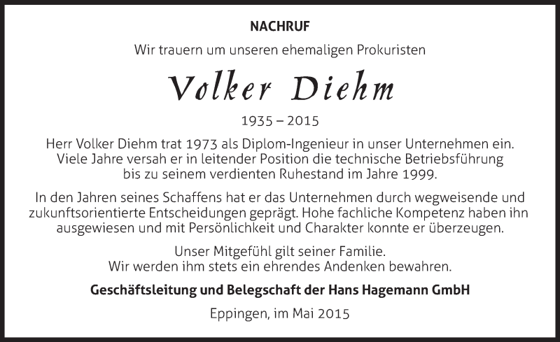  Traueranzeige für Volker Diehm vom 23.05.2015 aus 