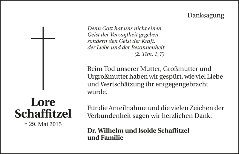  Traueranzeige für Lore Schaffitzel vom 27.06.2015 aus 