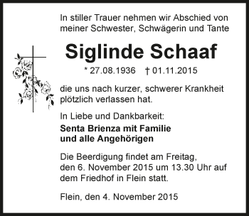 Traueranzeige von Siglinde Schaaf 