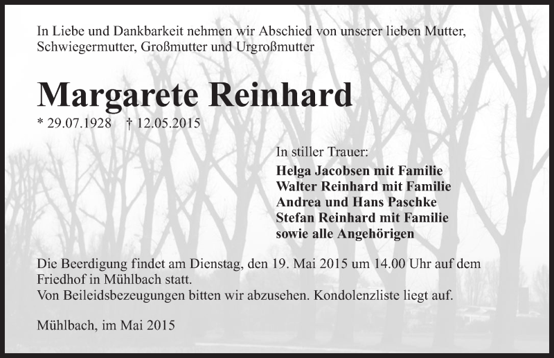  Traueranzeige für Margarete Reinhard vom 16.05.2015 aus 