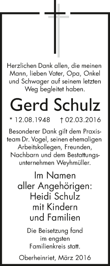 Traueranzeige von Gerd Schulz 