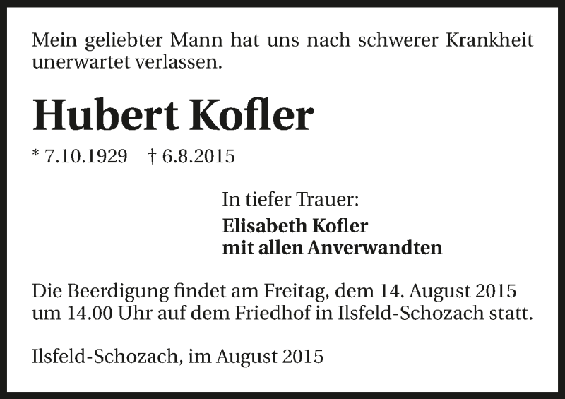  Traueranzeige für Hubert Kofler vom 12.08.2015 aus 