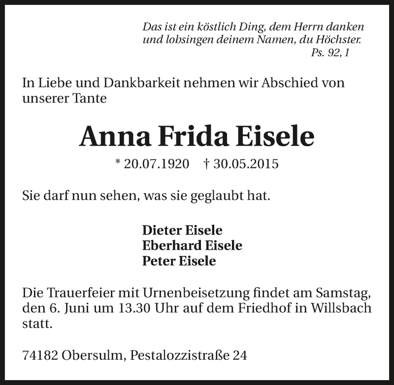  Traueranzeige für Anna Frida Eisele vom 02.06.2015 aus 