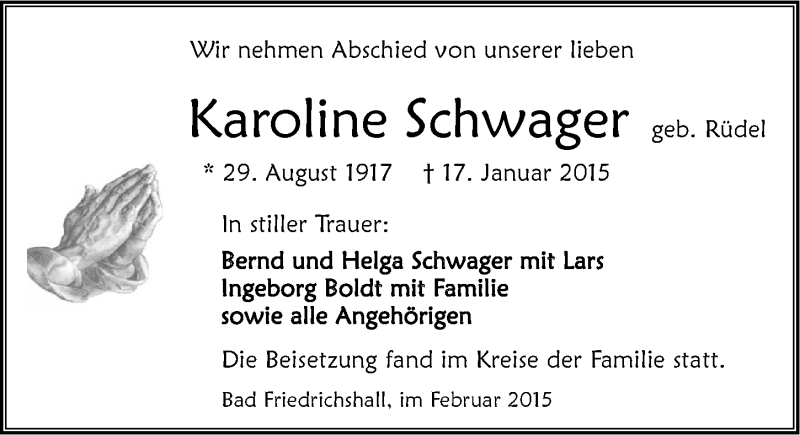  Traueranzeige für Karoline Schwager vom 12.02.2015 aus 