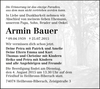 Traueranzeige von Armin Bauer 