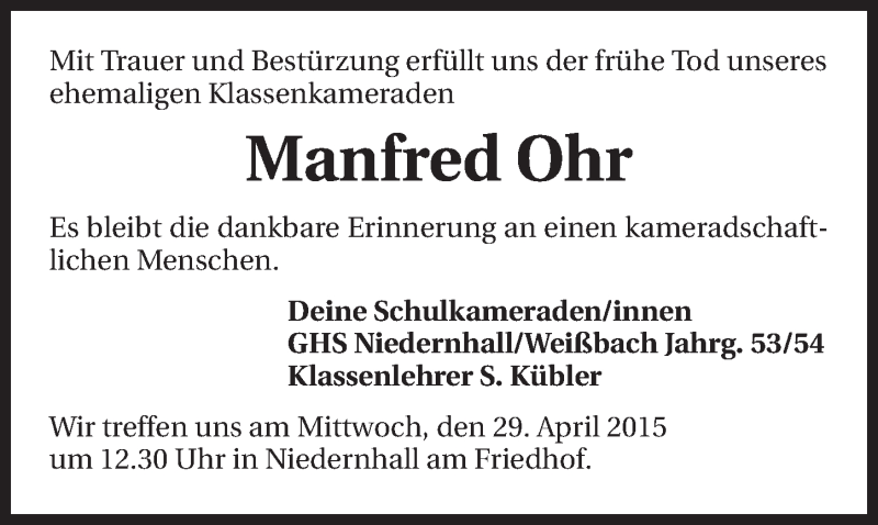  Traueranzeige für Manfred Ohr vom 28.04.2015 aus 