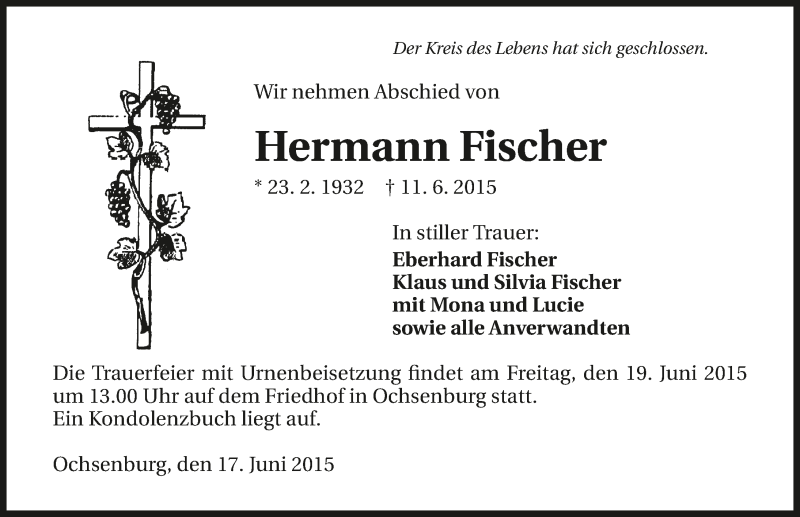  Traueranzeige für Hermann Fischer vom 17.06.2015 aus 