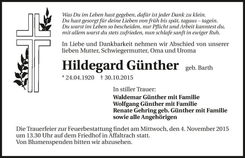  Traueranzeige für Hildegard Günther vom 02.11.2015 aus 