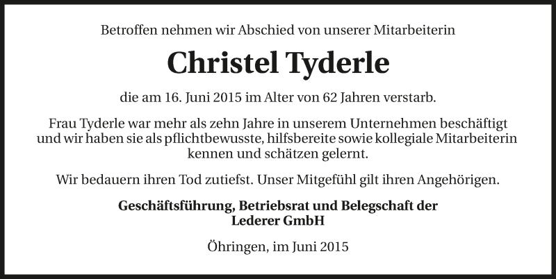  Traueranzeige für Christel Tyderle vom 27.06.2015 aus 