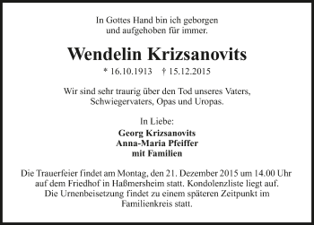 Traueranzeige von Wendelin Krizsanovits 