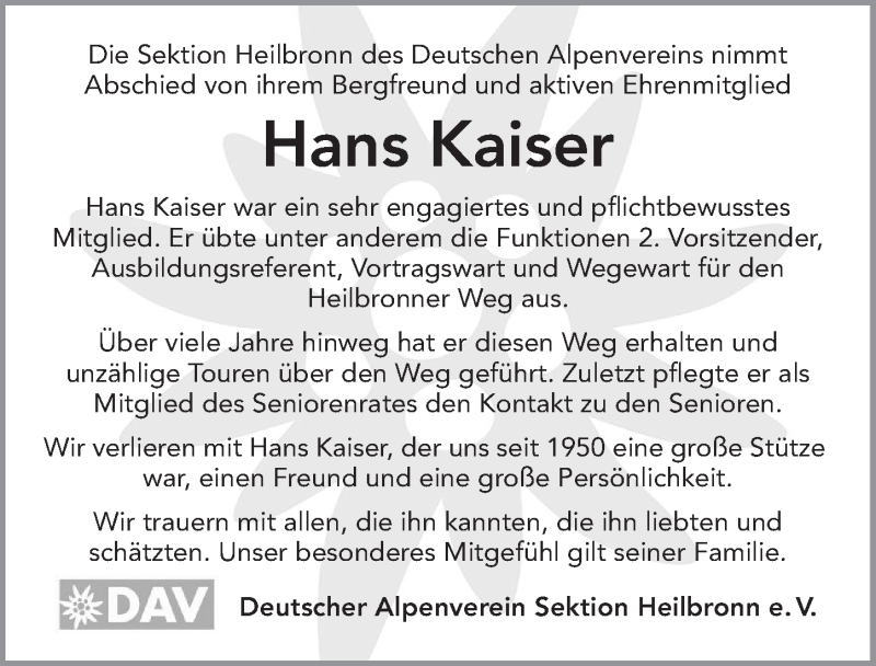  Traueranzeige für Hans Kaiser vom 25.02.2015 aus 