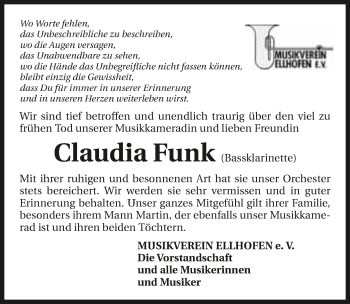 Traueranzeige von Claudia Funk 