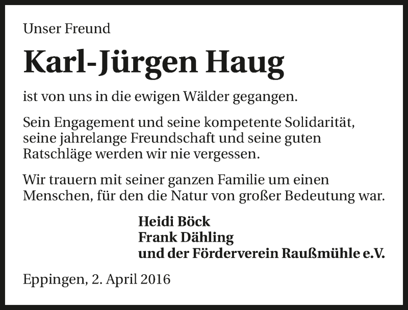  Traueranzeige für Karl-Jürgen Haug vom 14.04.2016 aus 