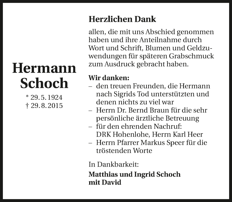  Traueranzeige für Hermann Schoch vom 31.10.2015 aus 