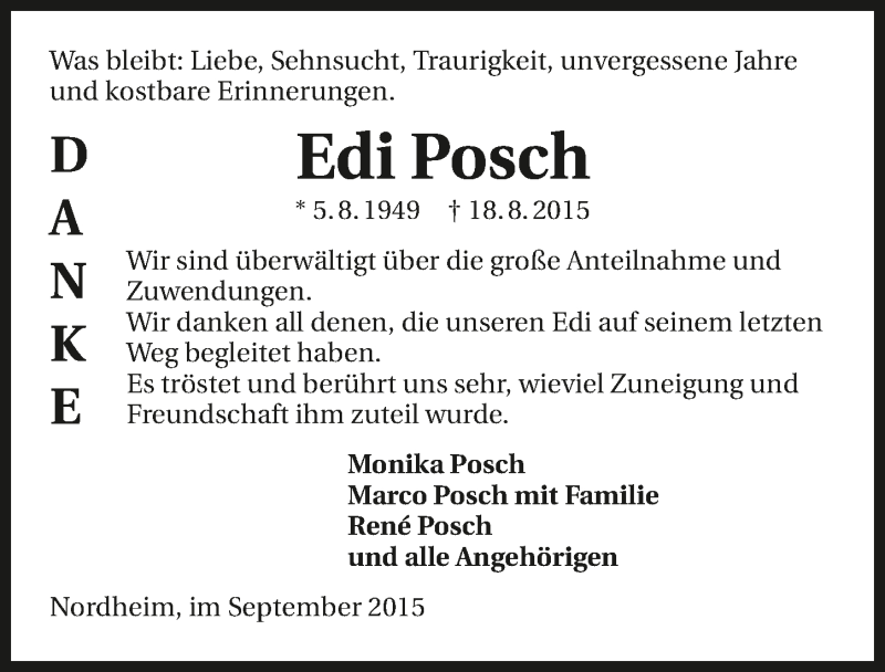  Traueranzeige für Edi Posch vom 03.09.2015 aus 