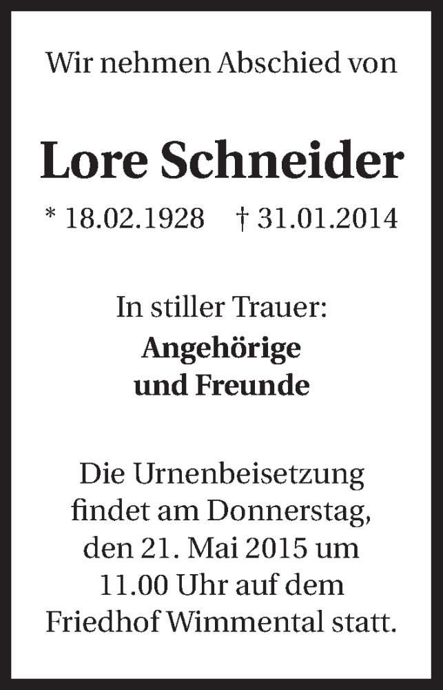  Traueranzeige für Lore Schneider vom 19.05.2015 aus 