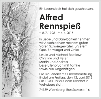 Traueranzeige von Alfred Rennspieß 