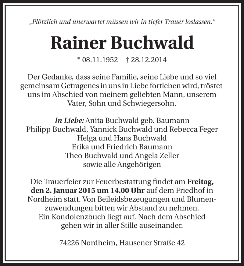  Traueranzeige für Rainer Buchwald vom 30.12.2014 aus 