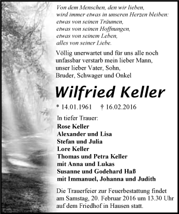 Traueranzeige von Wilfried Keller 