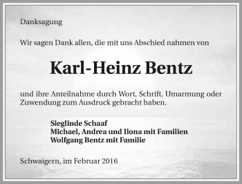 Traueranzeige von Karl-Heinz Bentz 