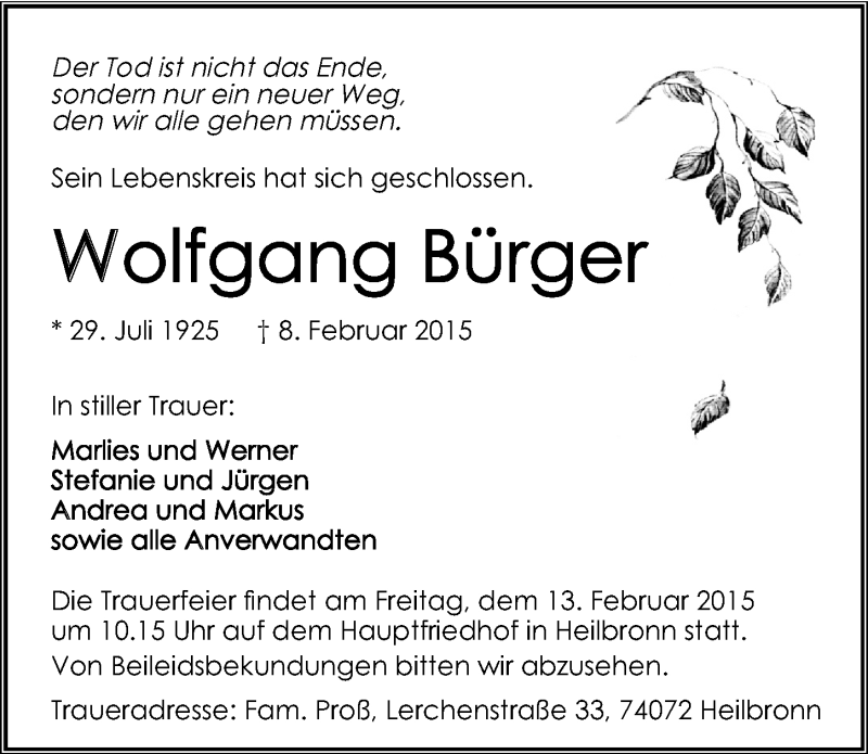  Traueranzeige für Wolfgang Bürger vom 10.02.2015 aus 