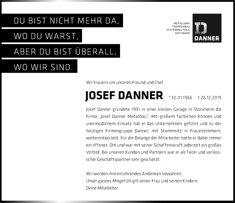  Traueranzeige für Josef Danner vom 29.12.2015 aus 